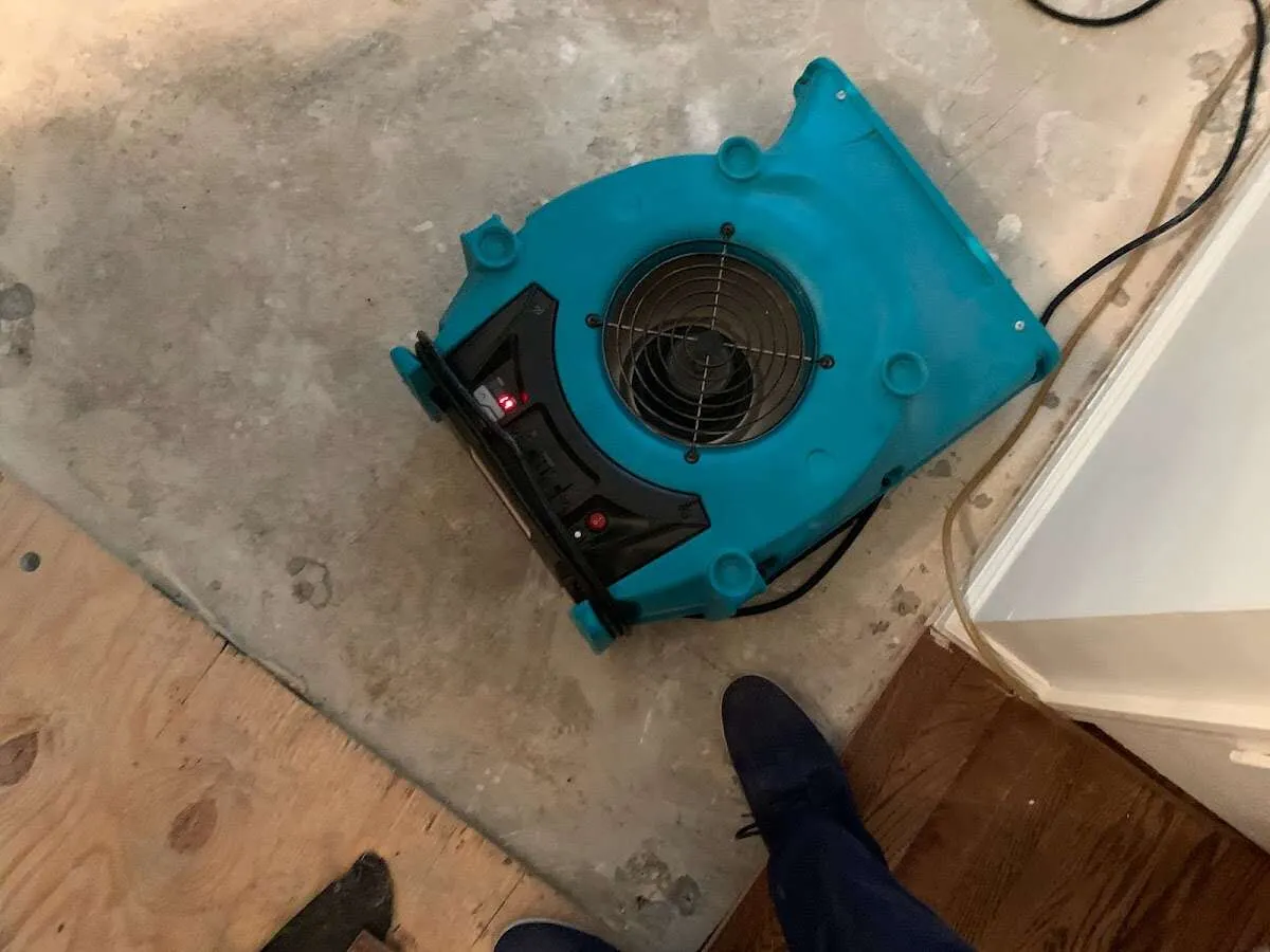 Air mover drying subfloor during Leak Detection & Repair in Newport Beach